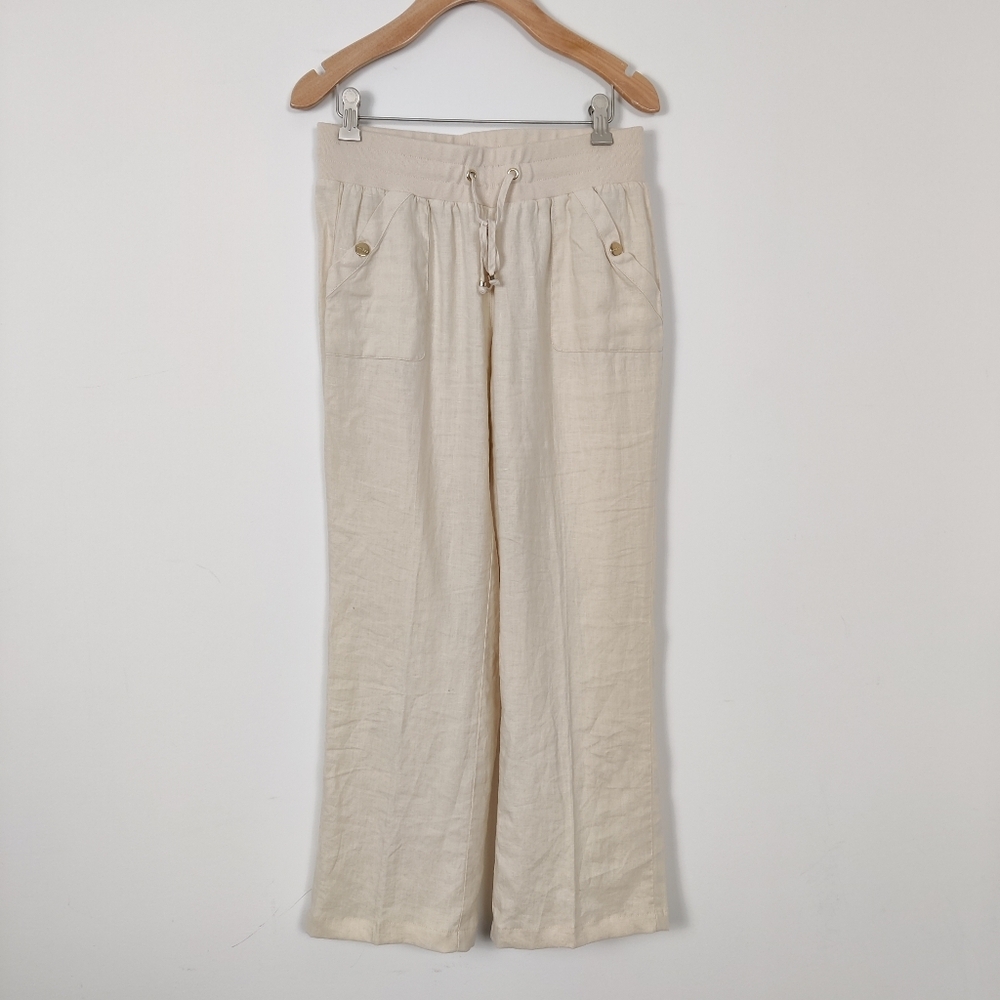 Guess Women's 100% Linen Trousers in Beige Business Casual Quiet Luxury Bohemian
